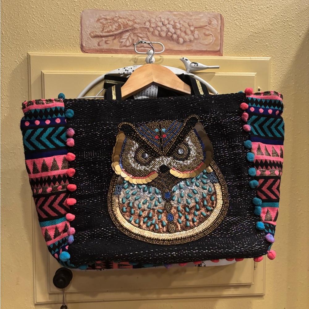 Colorful Embroidered Owl Tote Bag NWT